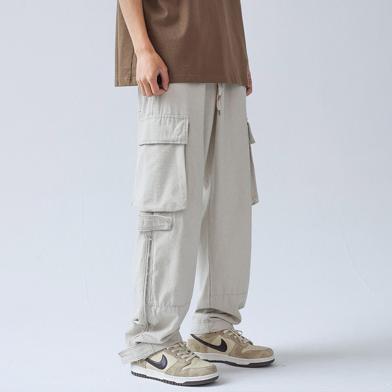 Black/Beige Cargo Pants Men Fashion Pocket Casual Pants Mens Japanese Streetwear Loose Hip Hop Straight Pants Mens Trousers