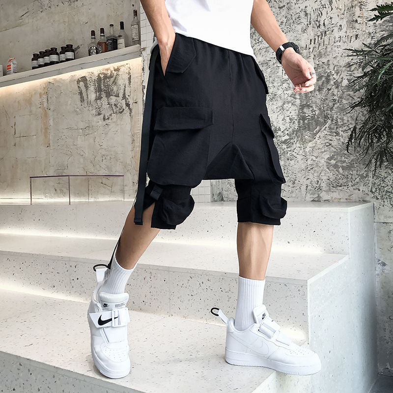 Techwear Black Cargo Shorts Pants Men Hip Hop Cargo Trousers Male Harajuku Hippie Japanese Pocket Ribbon Harem Pants