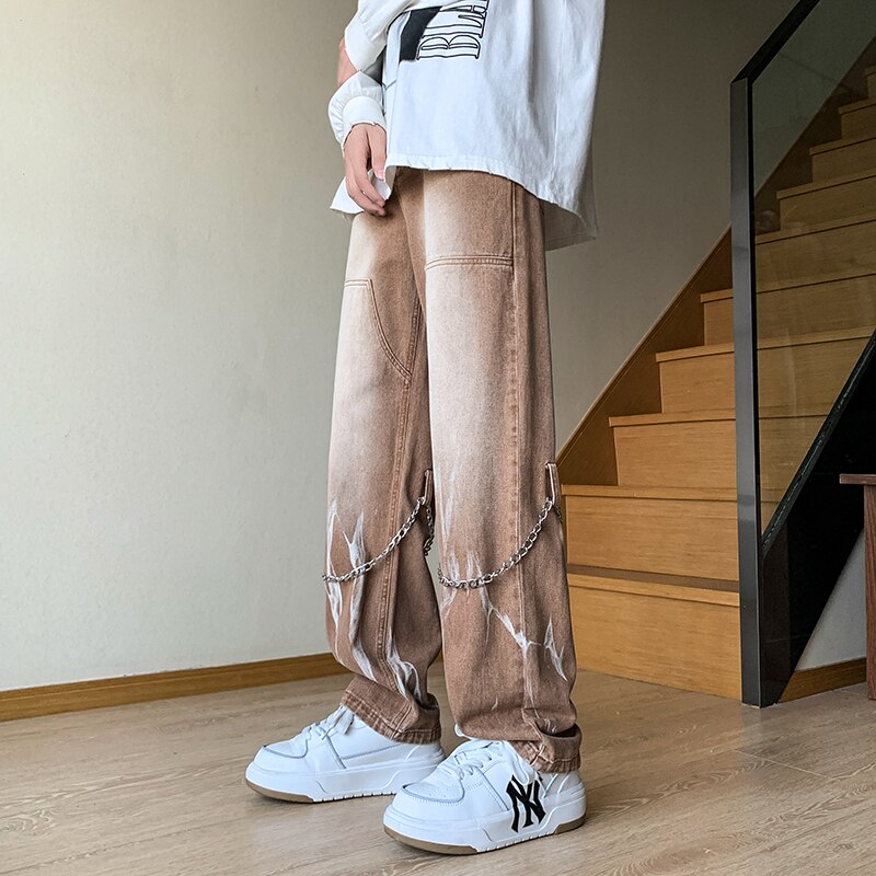 Men's Tie-dyed Straight Jeans Hip Hop Neutral Denim Trousers Loose Wide Leg Street Cargo Pants Man chain Baggy Jeans Large 5xl