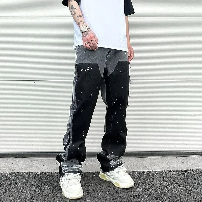 European / American Retro Trendy Spliced Jeans Street Style American Bootcut Pants Spliced Ink Splash Jeans for Male Couples