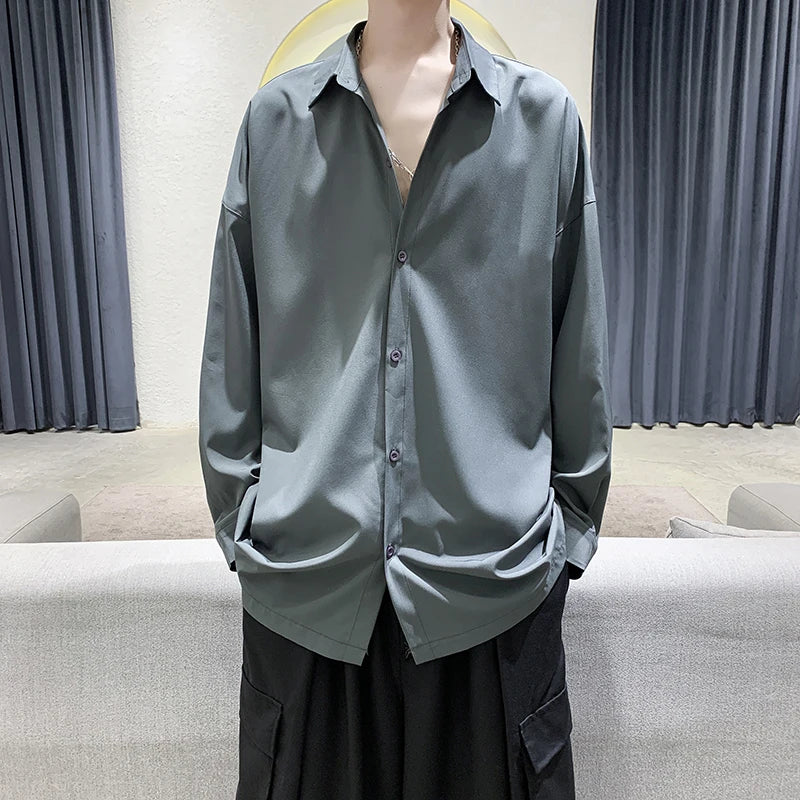 Men Black Solid Long-sleeved Shirts Mens Harajuku Fashion Oversize Shirt Male Gray Casual Streetwear Loose Blouses Plus Size