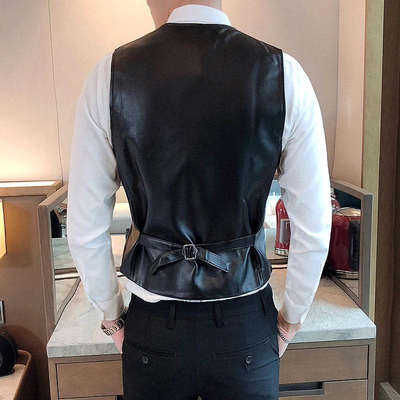 Leather Vest Men New Fashion Casual High Quality Solid Color Single Breasted Slim Large Size Business Vest Waistcoat S-5XL