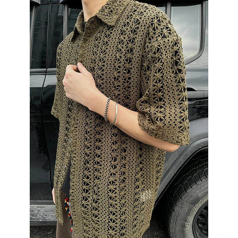 Fashion Army Green Knitted Hollow out Shirt Men Streetwear Transparent Lapel Short Sleeve Button Camisas Sexy Men Clothing 2XL-M