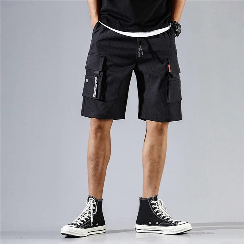 Men Cargo Shorts Tactical Joggers Shorts Work Casual Pants Male Multi Pockets Buttons Loose Wide Leg Knee Length Summer Shorts