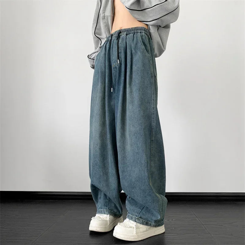 Man Casual Jeans American Fashion Instagram High Street Retro Washed Wide Leg Jeans Men's Spring Loose Straight Long Pants