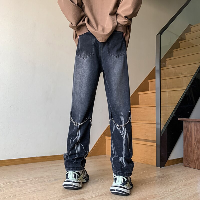 Men's Tie-dyed Straight Jeans Hip Hop Neutral Denim Trousers Loose Wide Leg Street Cargo Pants Man chain Baggy Jeans Large 5xl