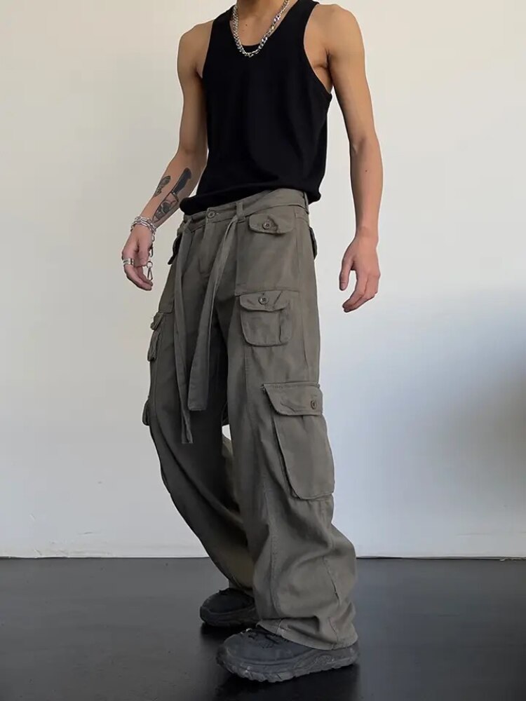 Vintage Cargo Pants Men Large Pocket Loose Straight Trousers Male Classic High Waist Green Black Pants Fashion Spring