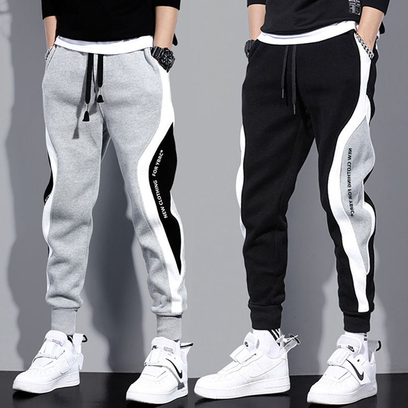 Spring Autumn Men's Wide Loose Casual Pants Mens Patchwork Nine-point Sports Pants Elastic Rope Breathable Tie-foot Trousers