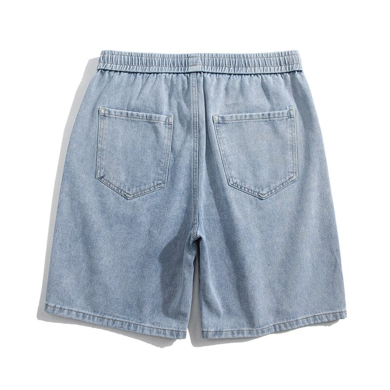 Summer Thin Men's Denim Shorts Baggy Straight Fashion Elastic Waist Light Blue Short Jeans Korean Streetwear Knee Shorts Male