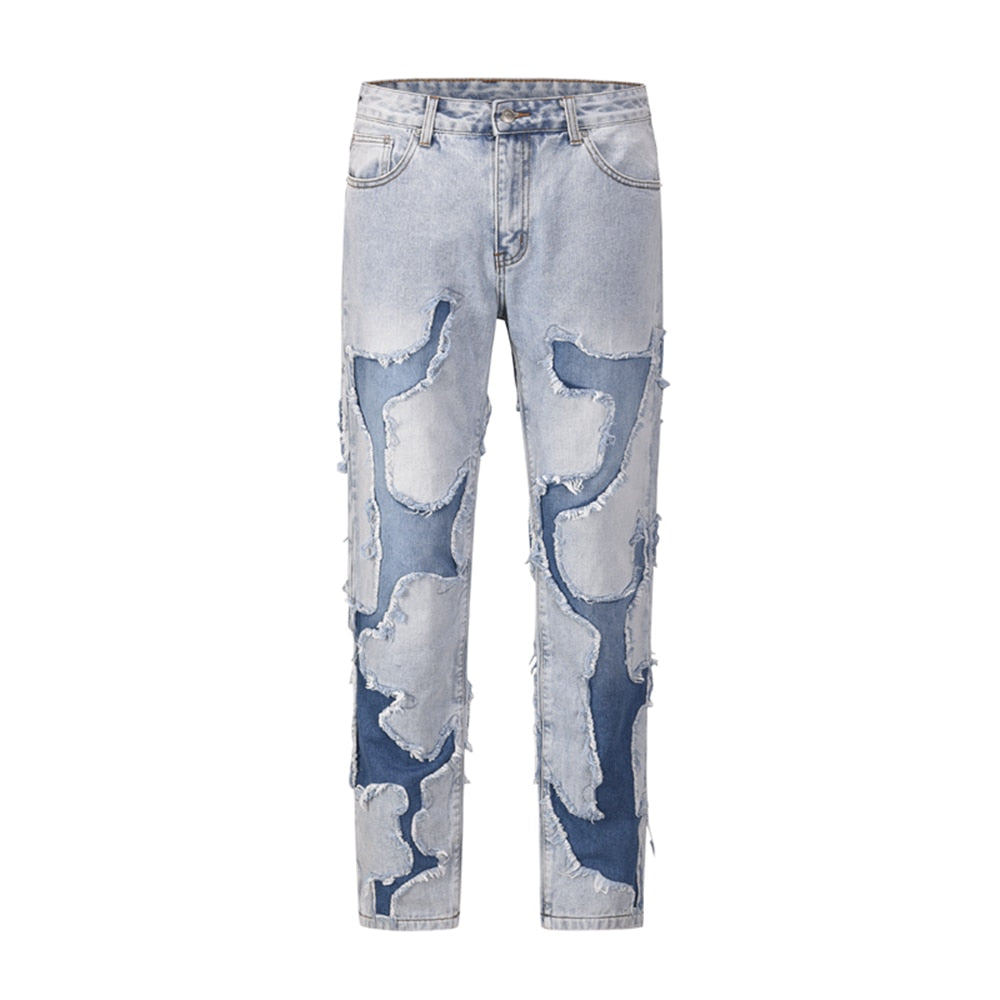 Vibe Style Patchwork Frayed Jeans Pants for Men Retro Washed Hole Ripped Casual Loose Denim Trousers Oversized