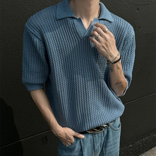 Streetwear Vintage Solid Color Knit Tops Men Casual Breathable Short Sleeve Polo Collar Shirt Mens Fashion Knitting Pullover Tee