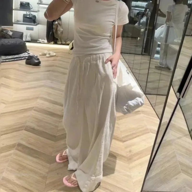 White Basic Linen Women Pants Elastic Waist Harajuku Korean Fashion Baggy Trousers Female Thin Oversized Casual Summer