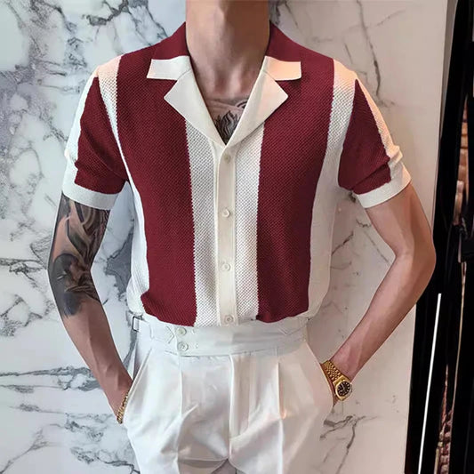 Knitwear Mens Slim Knit Shirts Vintage Striped Contrast Color Knitted Cardigan Men Tops Summer Short Sleeve Button Lapel Shirt