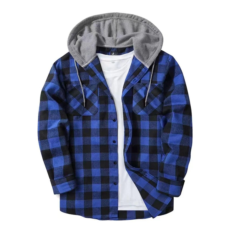 FORUWISH  - Men's Shirts Classic Plaid Casual Button Down Hooded Long Sleeved Double Pockets Shirt Hoodie Flannel Jacket Spring Autumn Tops