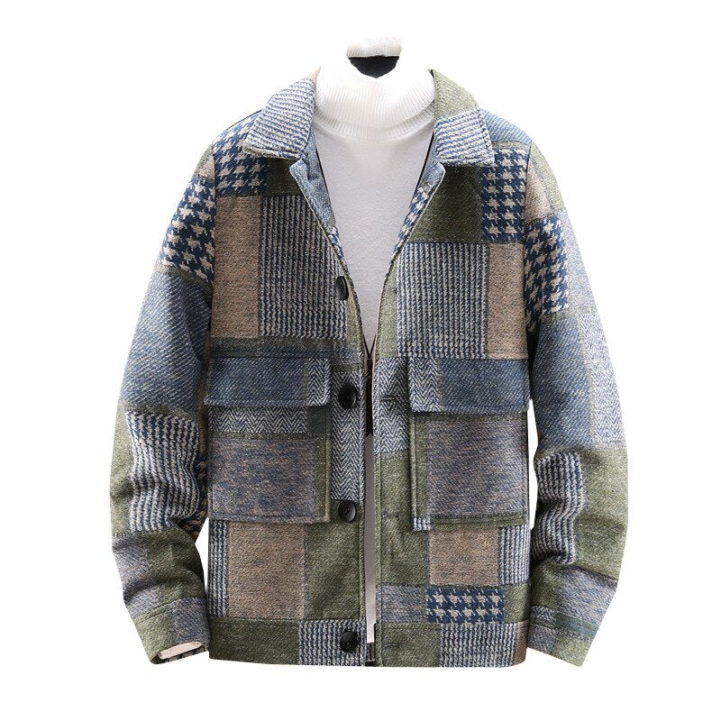 Men's Plaid Woolen Coat Men's Spring and Autumn Korean Version of The Lapel Woolen Coat Winter Thick Casual Jacket Men Clothing