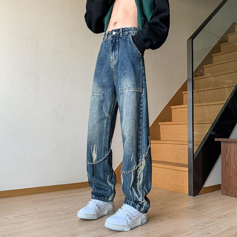 Men's Tie-dyed Straight Jeans Hip Hop Neutral Denim Trousers Loose Wide Leg Street Cargo Pants Man chain Baggy Jeans Large 5xl