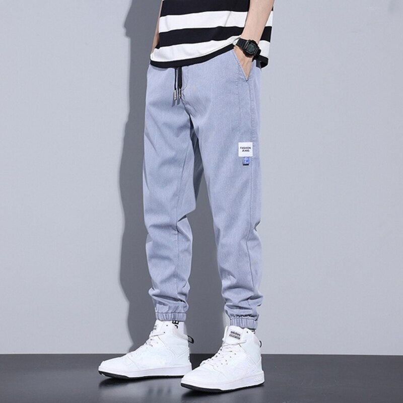 Spring Summer Jeans Men Cotton Thin Elastic Drawstring Waist Beam Feet Light blue Loose Joggers Sports Cargo Trousers Male