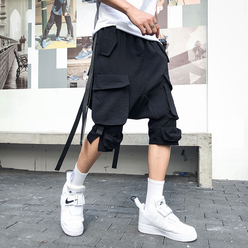 Techwear Black Cargo Shorts Pants Men Hip Hop Cargo Trousers Male Harajuku Hippie Japanese Pocket Ribbon Harem Pants