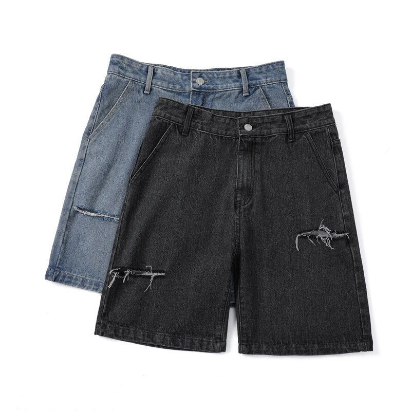 Summer New Streetwear Baggy Short Jeans Men Korean Fashion Loose Straight Wide Leg Denim Shorts Male Brand Black Blue