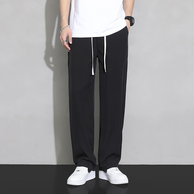 2023 Summer Ultra-thin Men's Pants Baggy Straight Quick Dry Ice Silk Drape Fashion Casual Trousers Comfortable Elastic Waist