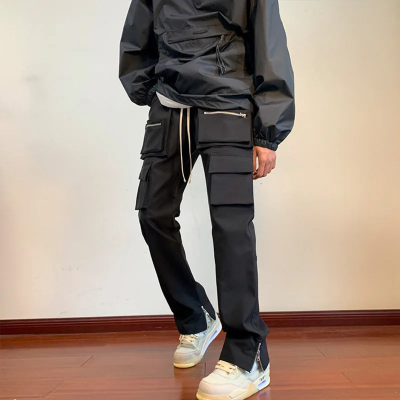 Black Cargo Pants Men Slim Fit Fashion Retro Pocket Casual Pants Men Japanese Streetwear Hip Hop Straight Pants Mens Trousers