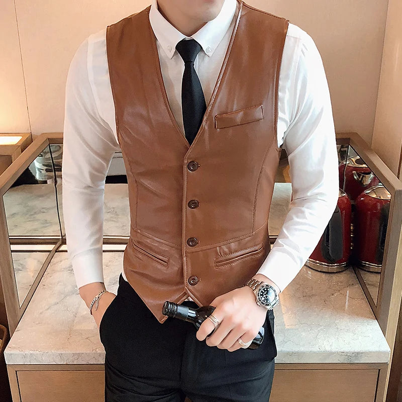 Leather Vest Men New Fashion Casual High Quality Solid Color Single Breasted Slim Large Size Business Vest Waistcoat S-5XL