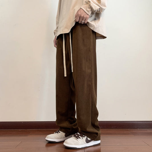 Korean Corduroy Men's Casual Pants Drawstring Man Straight Trosuers 2023 Streetwear Harajuku Baggy Pants Bottoms