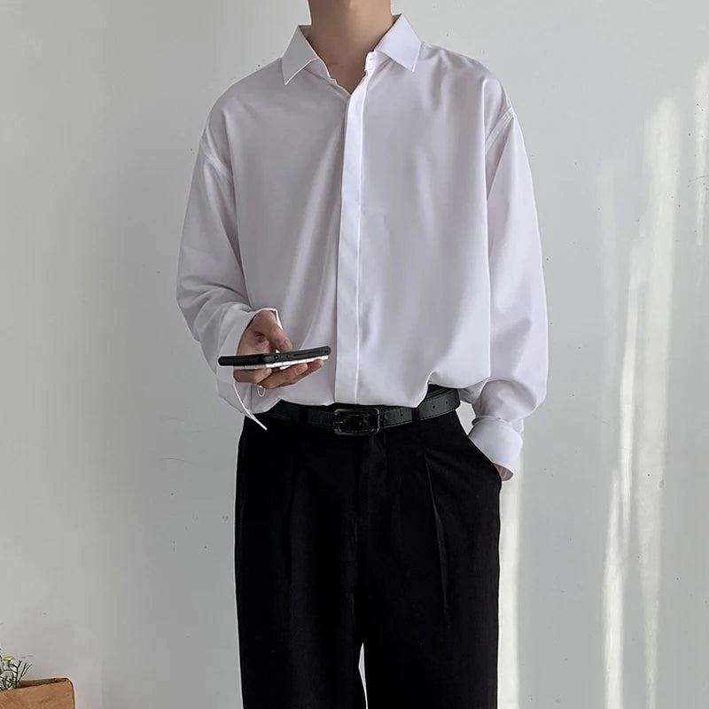 Spring New White Shirts Men's Long-sleeve Shirt Korean Trendy Button Up Shirt Handsome Black Uniform Tops Casual Men Tops