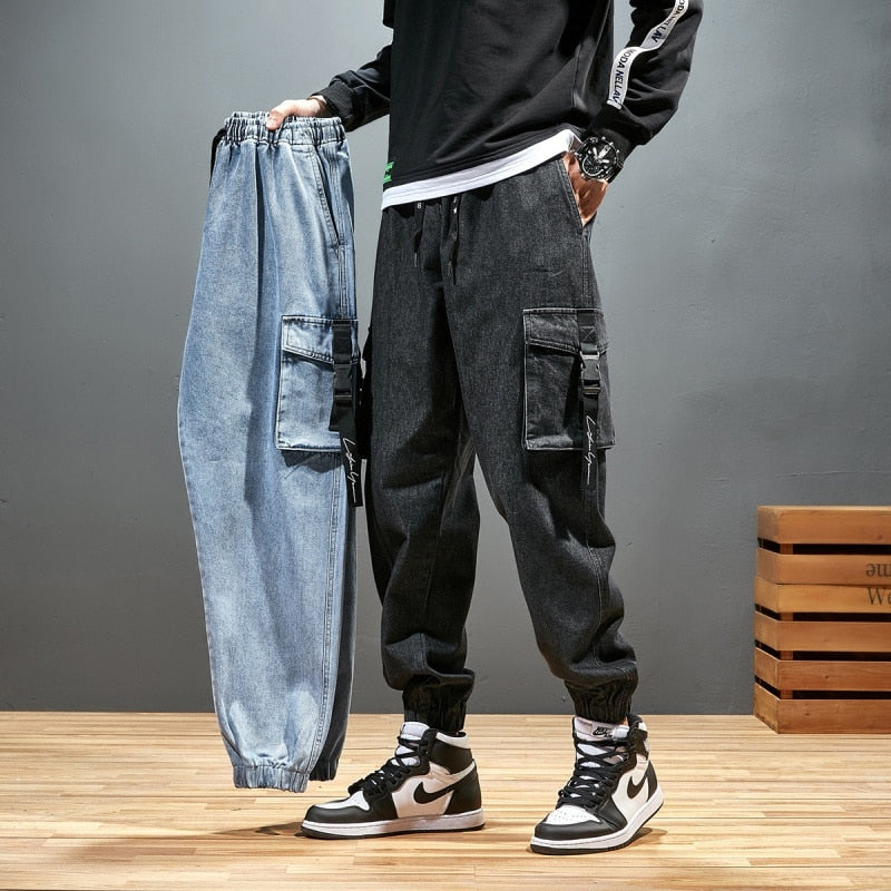 Men Joggers Cargo Denim Pants Baggy Harem Japanese Streetwear Styke Male Ankle Harajuku Casual Hip Hop Jeans Trousers Men