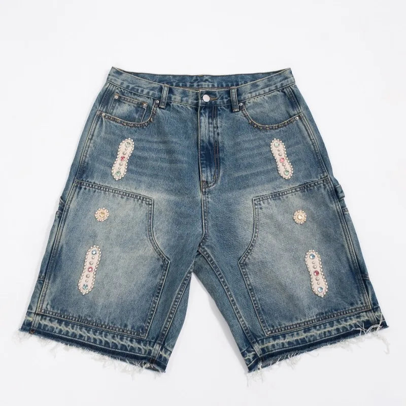 FORUWISH  -  Y2k American high-waisted jeans Trend Fashion studded denim shorts men Harajuku Hip Hop street style baggy denim wide-leg pants