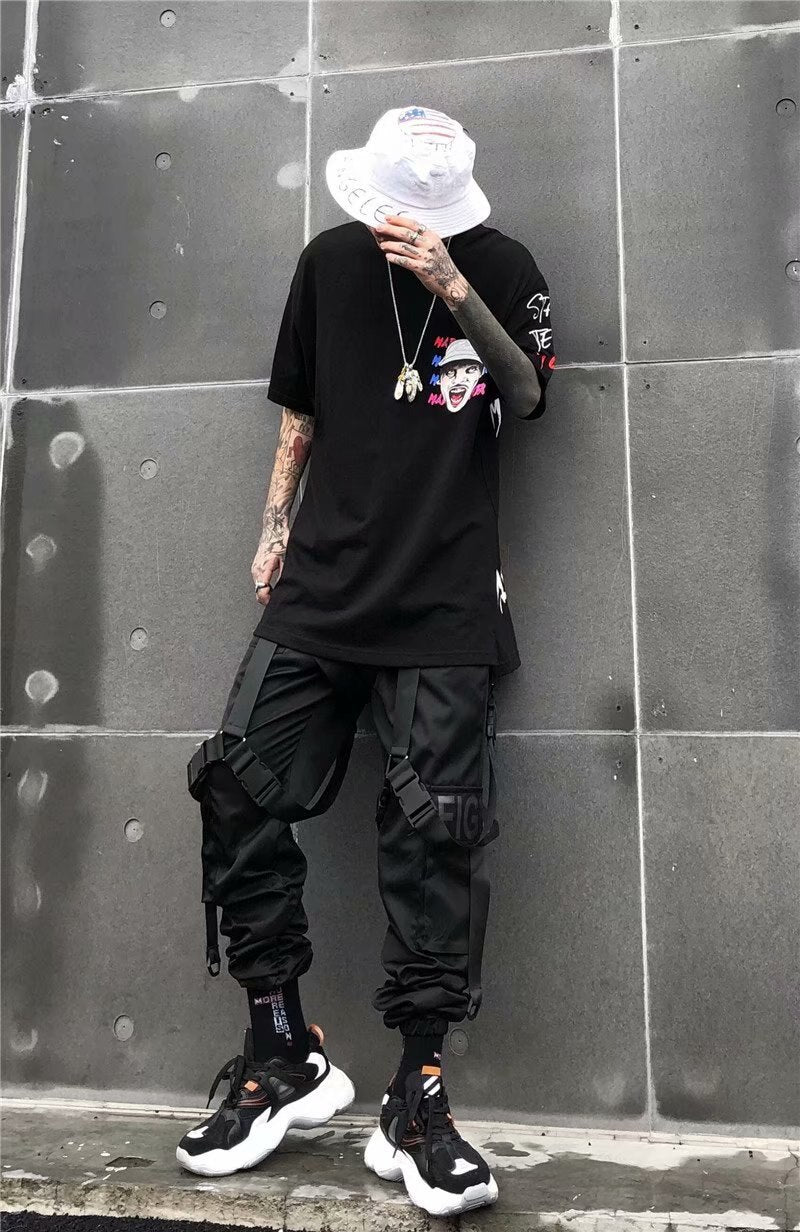 Men Cargo Pants Men’s Casual Hip Hop Harem Pant Hit Color Pocket Male Trousers Sweatpants Streetwear Ribbons Techwear Joggers