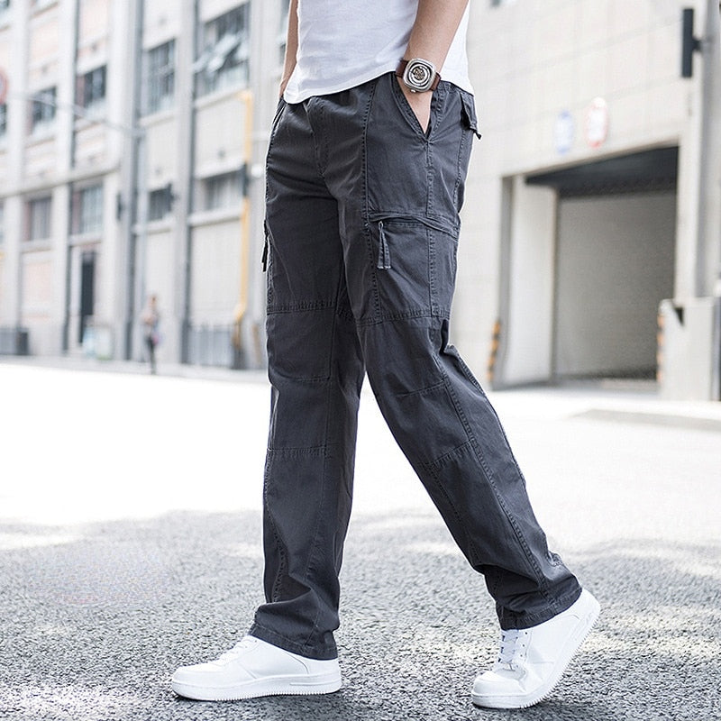 Big Size Men's Cargo Trousers Straight Leg Work Pant Men Loose Fit Cotton Summer Wide Overalls Male Side Multi Pocket large size