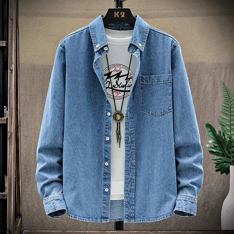 Fashion Large Cotton Denim Long Sleeved Men's Casual Large Loose Work Coat Fashion Shirt Formal Cotton Fashion Slim Men Shirt