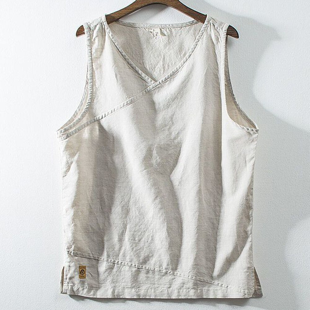 Summer Linen Vest Men's Loose Vest Retro Chinese Style Comfortable Vest Top V-neck Sleeveless Waistcoat Men's Clothing