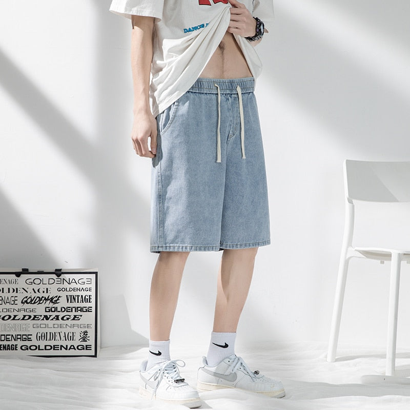 Summer Thin Men's Denim Shorts Baggy Straight Fashion Elastic Waist Light Blue Short Jeans Korean Streetwear Knee Shorts Male