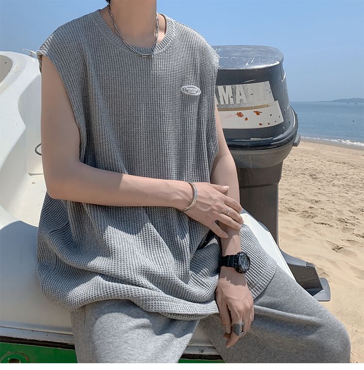 Spring Summer Casual Pullover Shirt Tess Vest Men's Loose Sleeveless Cool Boy Versatile Sports Tops Solid Alphabet Print Waffle