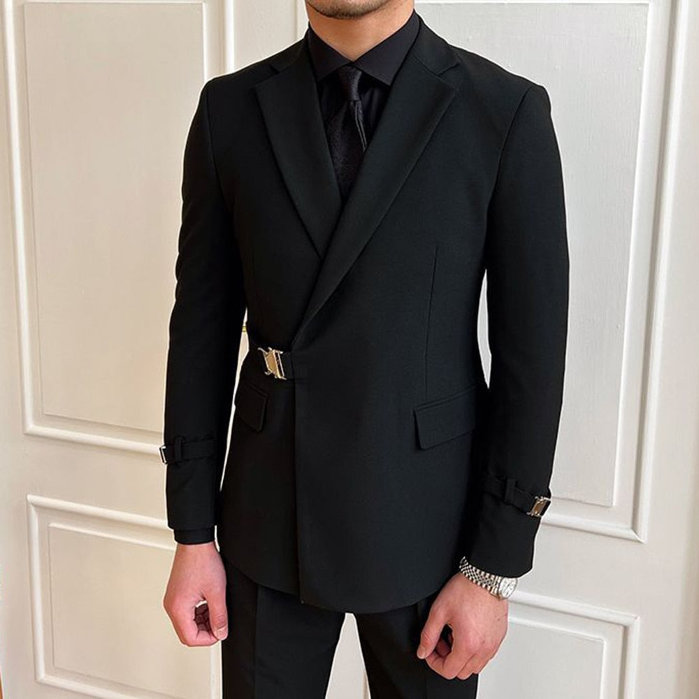 British Style Black Suit Jacket Male Elegant Gentleman Business Casual Professional Formal Dress Body Belt A Double Breasted