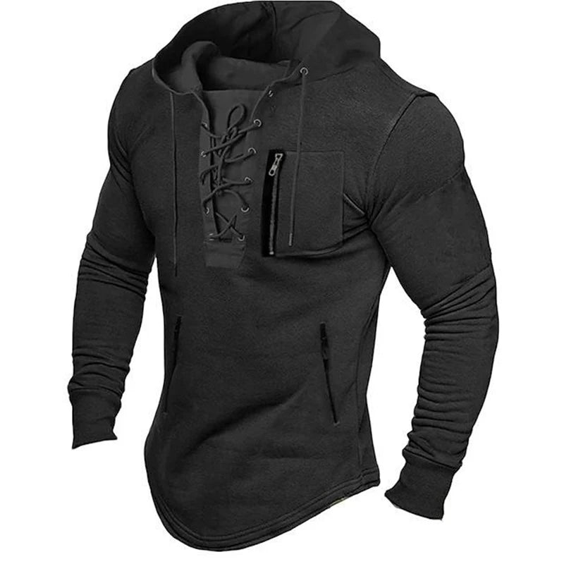 FORUWISH  -  2024 Men Autumn Spring Top Lace Up Drawstring Solid Color Long Sleeve Zipper Pockets Pullover Streetwear Men Mid Length Hoodie