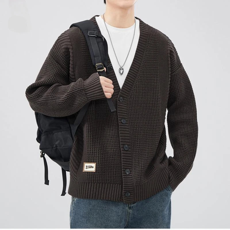 Autumn Winter Retro V-neck Cardigan Sweater Men's Trendy Loose Large Size Casual Knit Sweater Button Soft