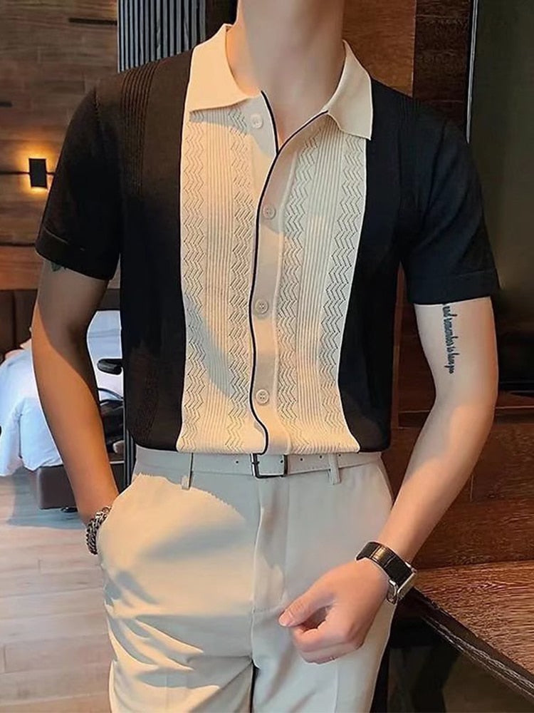 Summer Casual Slim Short Sleeve Polos Mens Shirt Fashion Knitted Striped Patchwork Shirts Men Turndown Collar Buttoned Tops