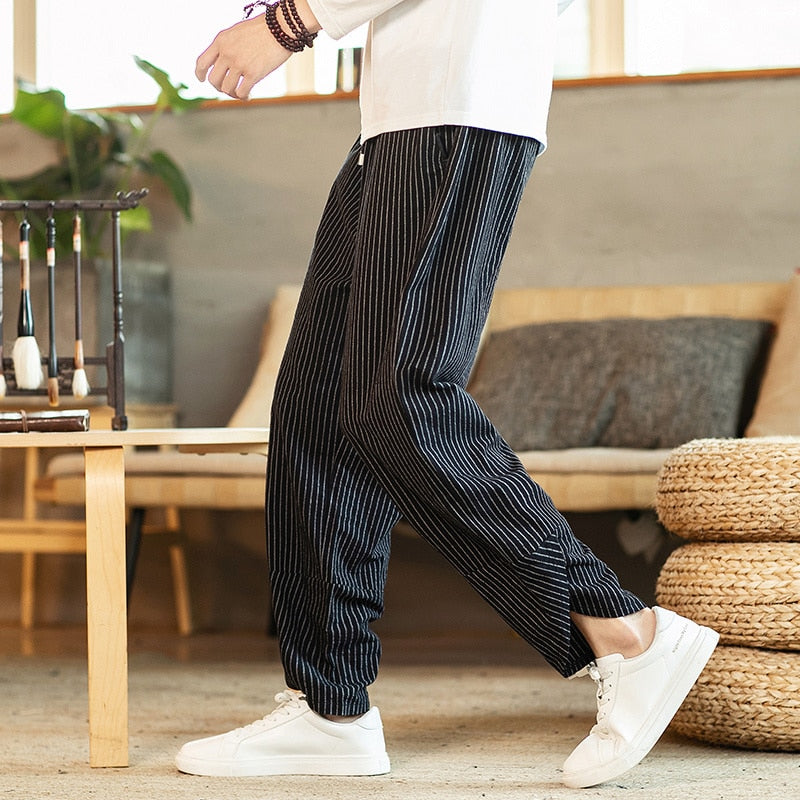 Chinese Style Men's Pants Summer New Striped Cotton Linen Wide Leg Casual Oversized Harem Pants Lantern Trousers Male Clothing