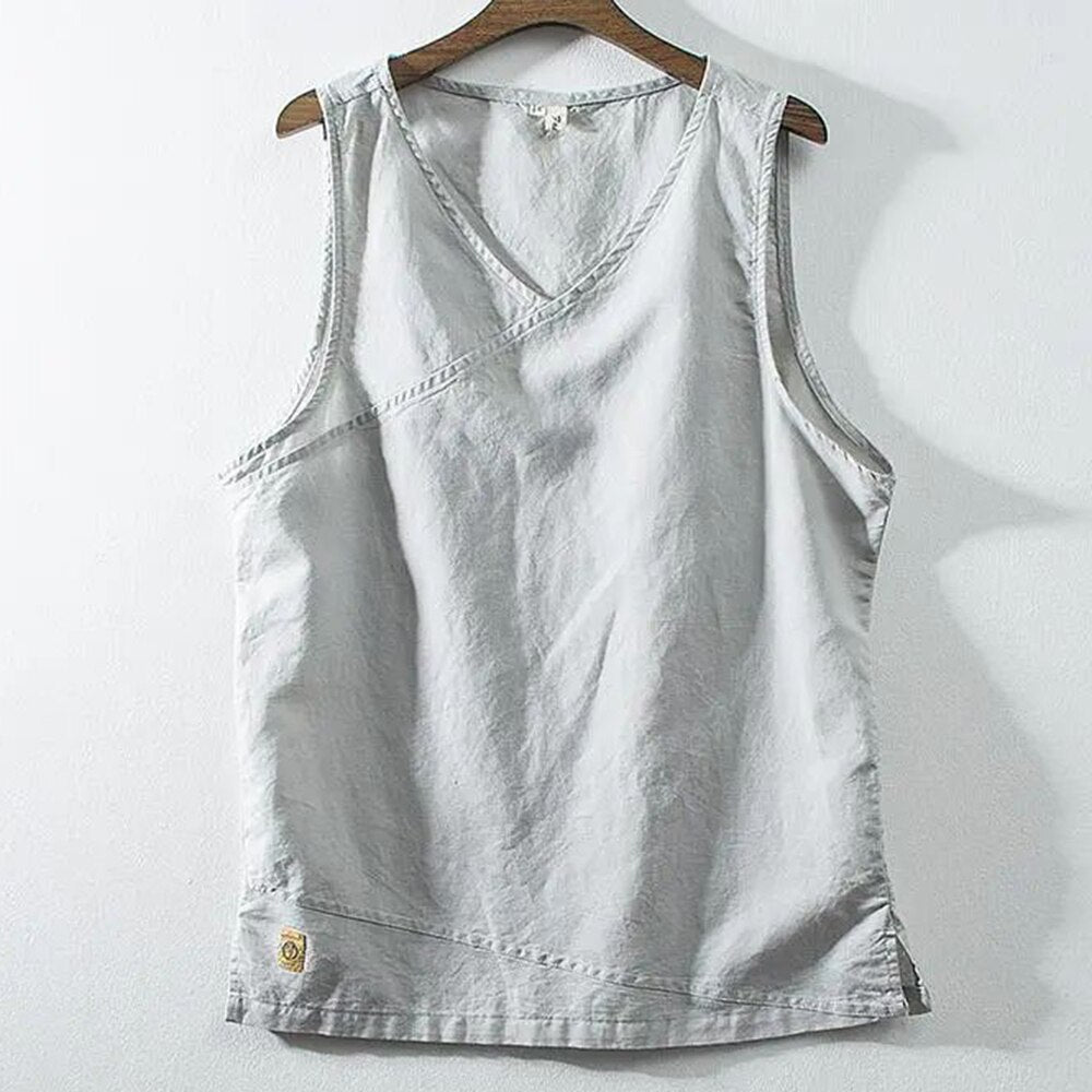 Summer Linen Vest Men's Loose Vest Retro Chinese Style Comfortable Vest Top V-neck Sleeveless Waistcoat Men's Clothing