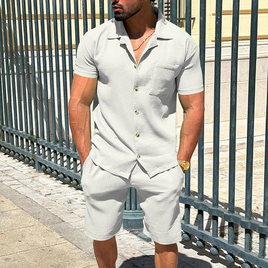 Vintage Solid Color Ribbed Shirts Men Two Piece Sets Short Sleeve Lapel Shirt And Shorts Suits Summer Casual Mens Loose Outfits