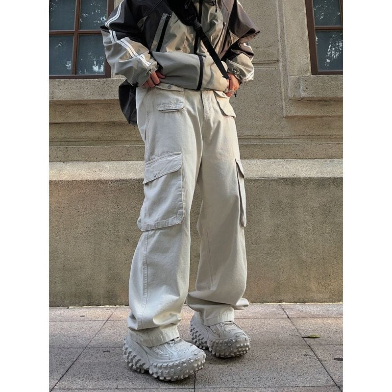 Vintage Brown Pocket Cargo Pants American High Street Loose Straight Leg Pants New Autumn Casual Hip Hop High Waist Trousers