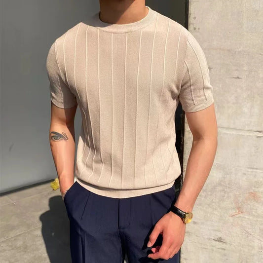 2024 Summer Men Knit Ice silk T shirts High Quality Solid Color Stripe Short sleeve O-neck Tee Tops Mens Thin Slim Fit T-Shirts