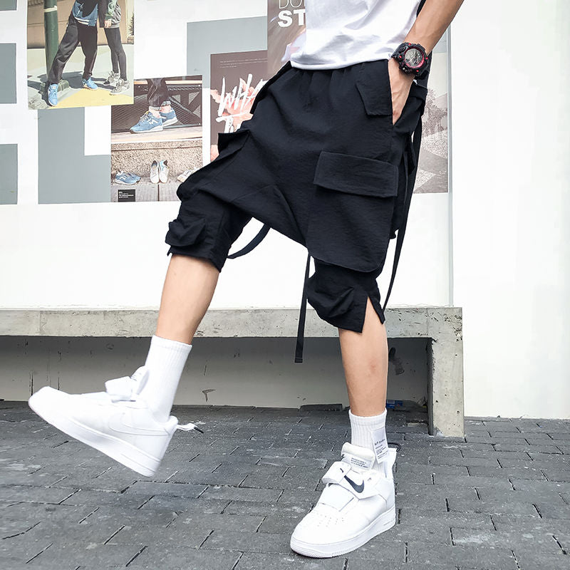 Techwear Black Cargo Shorts Pants Men Hip Hop Cargo Trousers Male Harajuku Hippie Japanese Pocket Ribbon Harem Pants