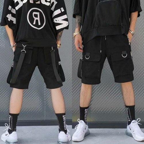 Men's Shorts Cargo Pants Man Casual Shorts Black Cargo Trousers Male Summer Gym Shorts Japanese Hip Hop Techwear Ribbons