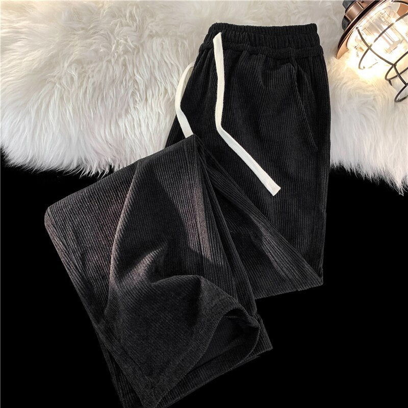 2023 Spring Men's Corduroy Casual Pants Baggy Straight Black Elastic Waist Korean Fashion Streetwear Ankle Wide Leg Sweatpants