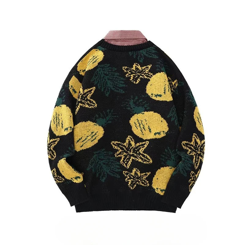 Pineapple-pattern Sweaters Men Baggy Autumn Japanese Style Casual Popular Jacquard Knitwear High Street Slouchy Harajuku Daily