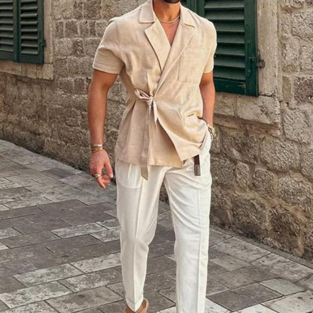 Summer Solid Color Linen Short-sleeved Shirt Suit Lapel Strap French Elegant Gentleman Loose Casual Simple Top Men's Clothing